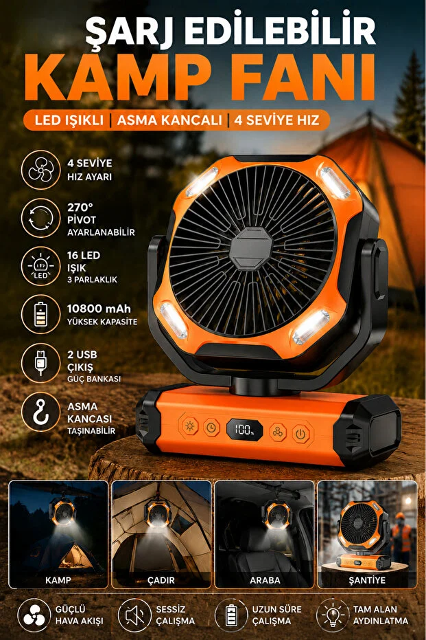 Led fenerli kamp vantilatörü 10800 mah saat ayarlı ayarlanabilir başlık ve asma aparatı